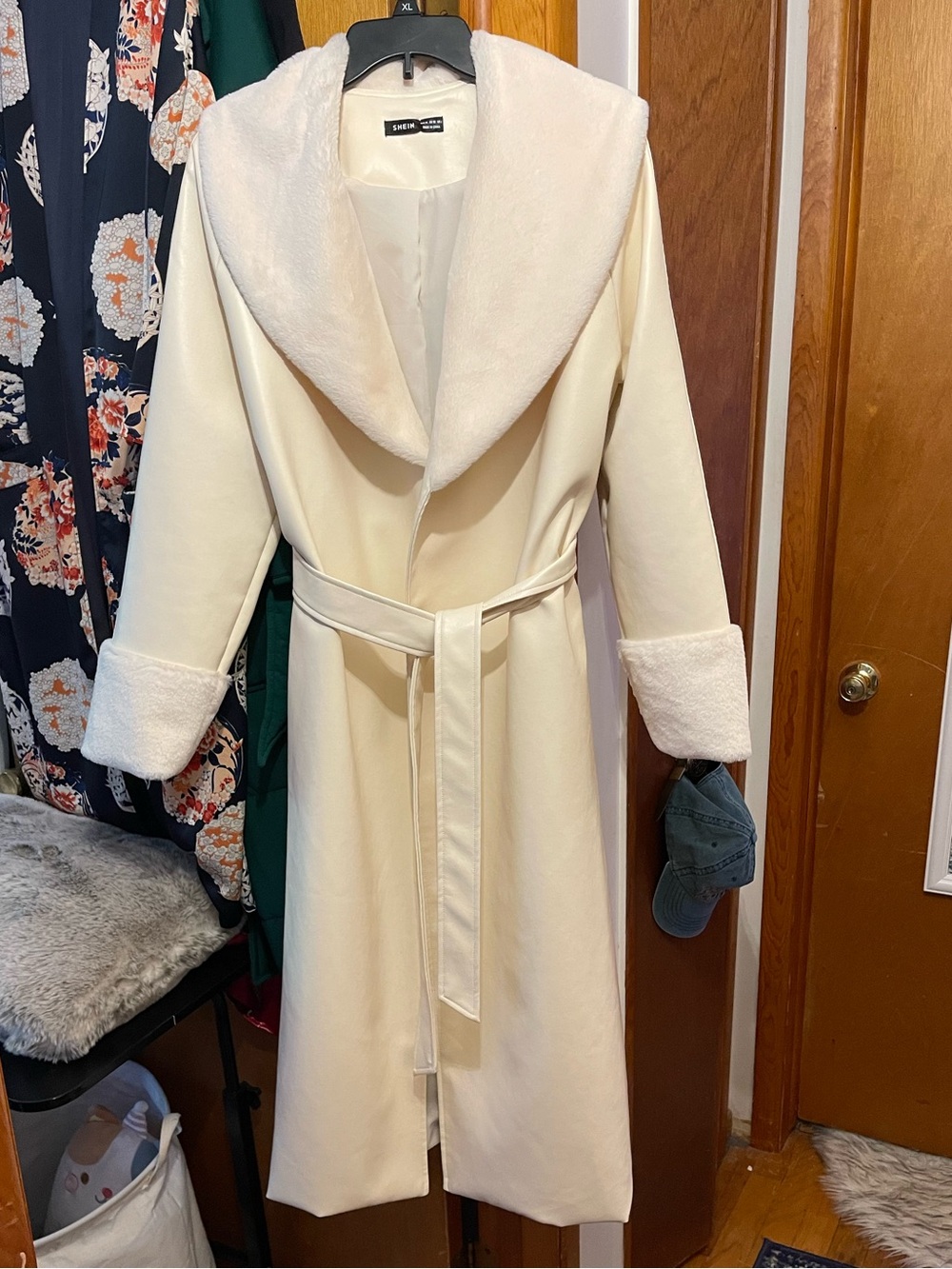 SHEIN faux cream leather and fur trench coat